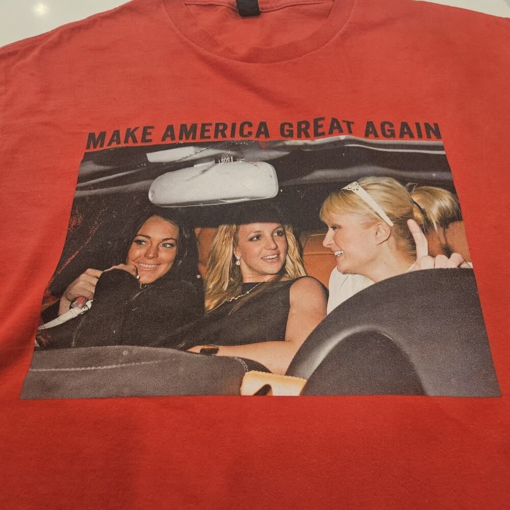 Y2K Graphic Tee Red Paris Hilton, Britney Spears, Lindsey Lohan Unisex MAGA